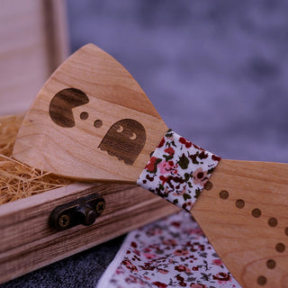 Nœud Papillon Pac-Man en bois avec Pochette assortie