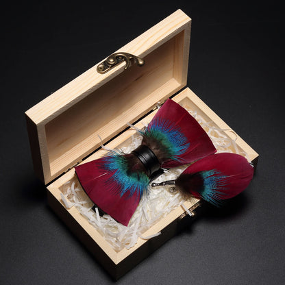 Ricnais Original Italy New Design Bowtie Natural Brid Feather Exquisite Hand Made Men Bow Tie Brooch Pin Wooden Gift Box Set Red