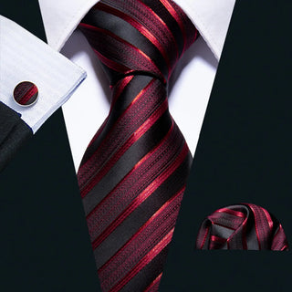 Male Luxury Neck Tie For Men Business Red Striped Silk Tie Hanky Cufflinks Set Barry.Wang Fashion Neckwear Wedding Party Casual