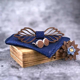 Nœud papillon en bois Feuille Bleue avec boutons de manchette et Pochette assortie