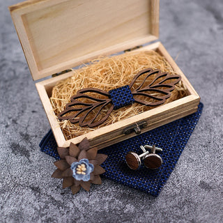 Nœud papillon en bois Feuille Bleue avec boutons de manchette et Pochette assortie