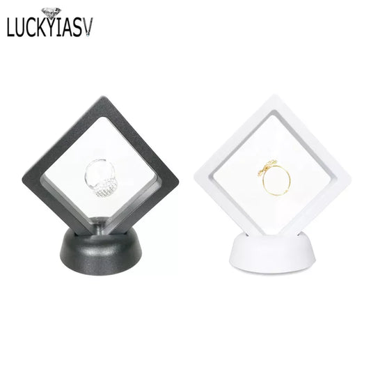 Black White Plastic Suspended Floating Display Case Earring Coin Gems Ring Jewelry Storage Pet Membrane Stand Holder Box 7*7*2cm