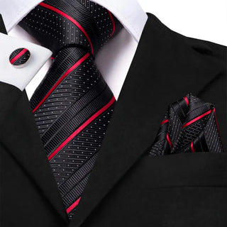 Cravate de mariage en soie rayée noir et rouge pour hommes, bouton de manchette pratique, cadeau pour hommes, mode fête d'affaires, livraison directe, salut-cravate de styliste