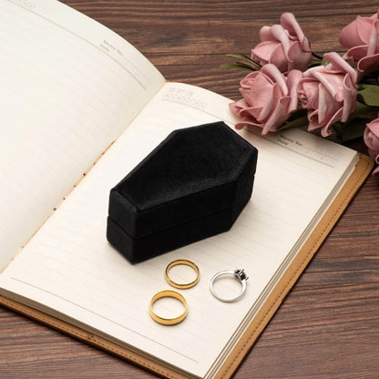 Boîte à bagues en velours cercueil noir, support d'affichage à Double anneau avec couvercle amovible