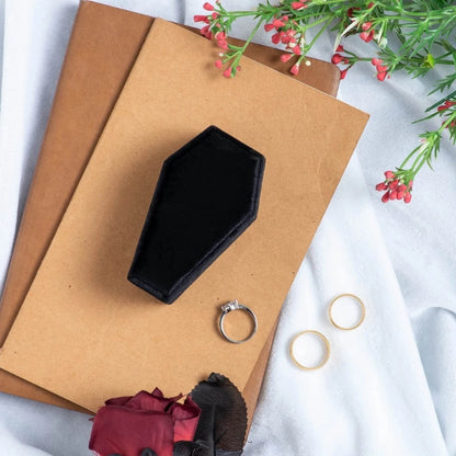 Boîte à bagues en velours cercueil noir, support d'affichage à Double anneau avec couvercle amovible