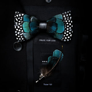 Nœud Papillon Bleu Bird Original en plume  fait à la main avec Broche assortie